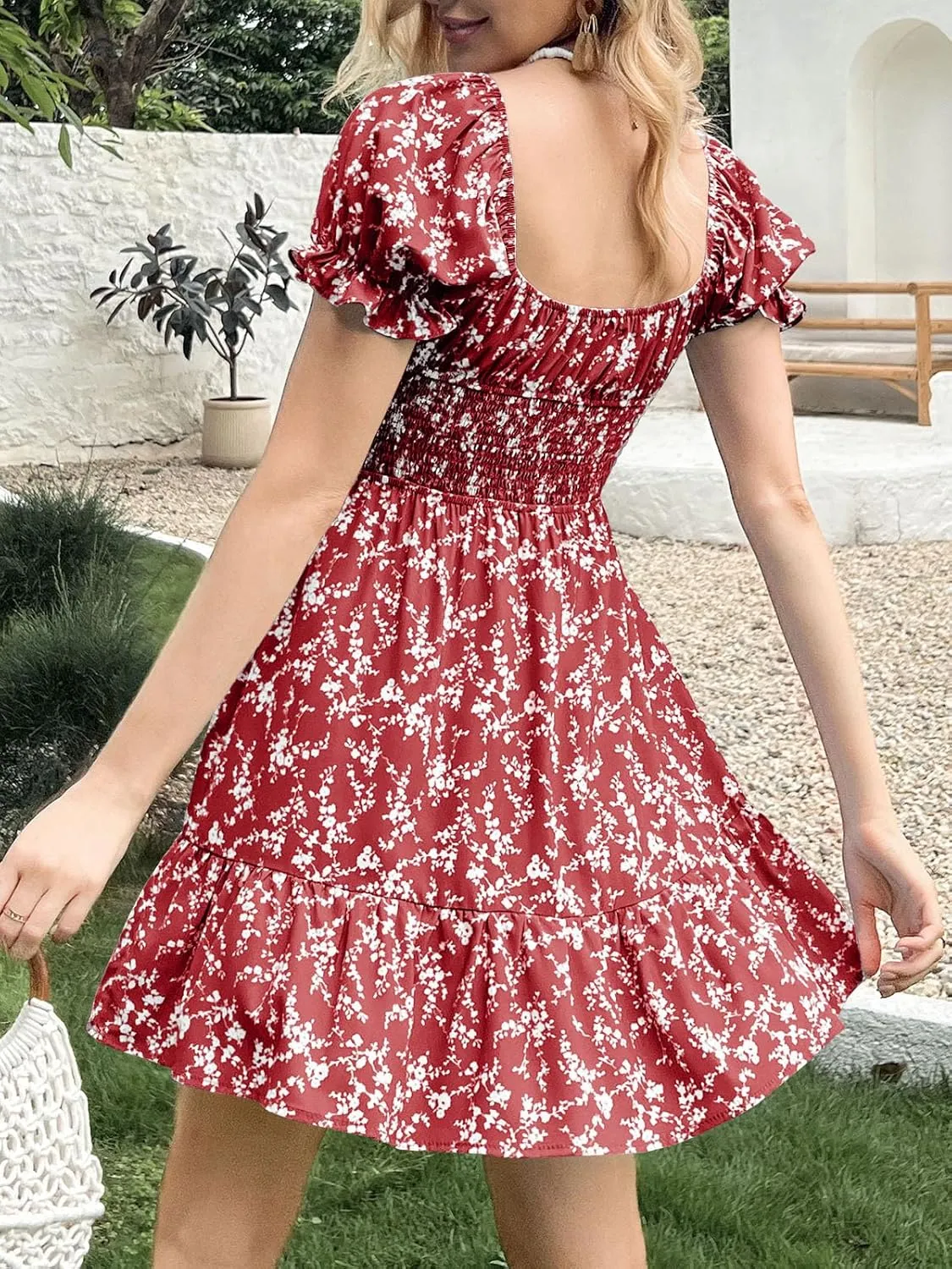 Imily Bela Womens Summer Dress Ruffle Sleeve Sqaure Neck Smocked Sun Dress Casual Boho Beach Floral Mini Dress