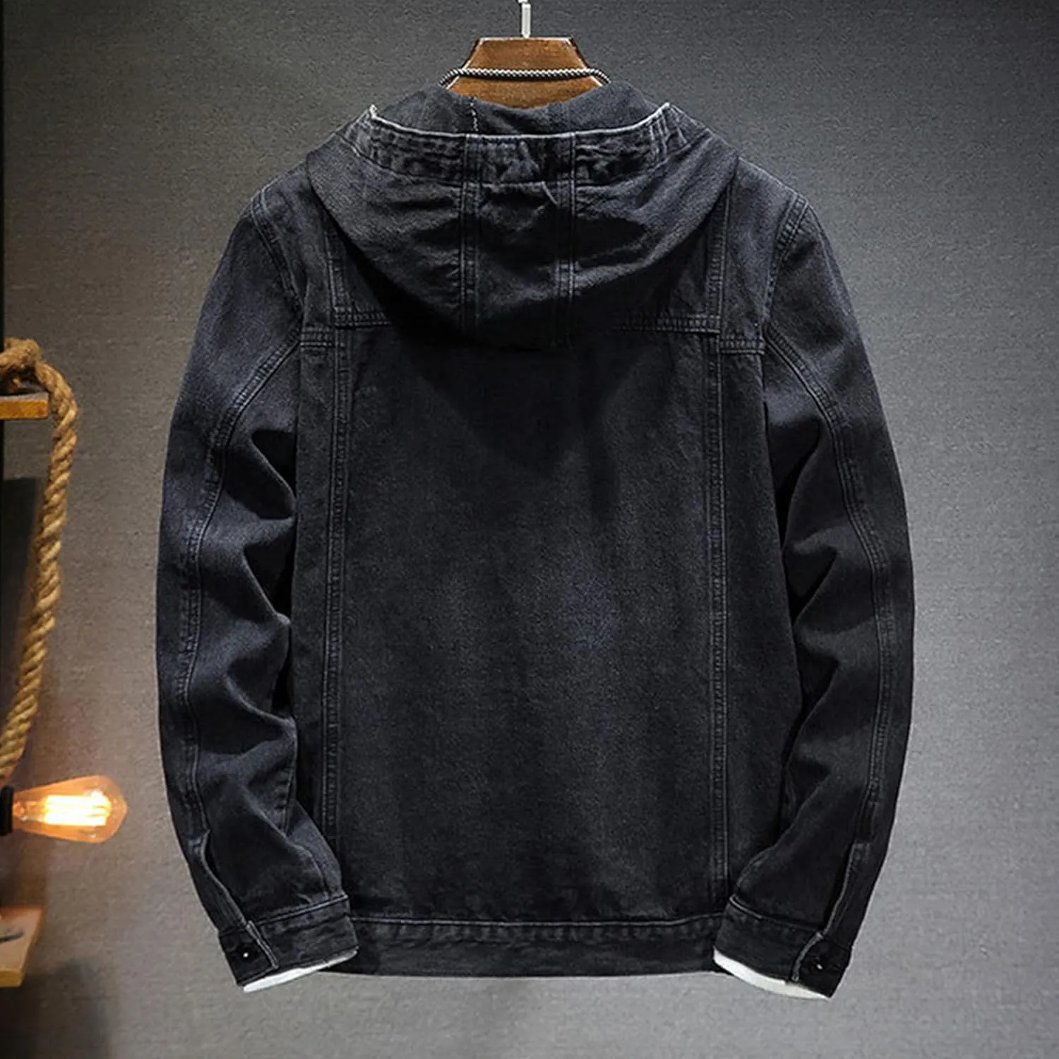 JEKE-DG Men's Distressed Denim Hoodie Jacket Casual Slim Fit Button Down Jeans Coat Long Sleeve Trucker Outwear