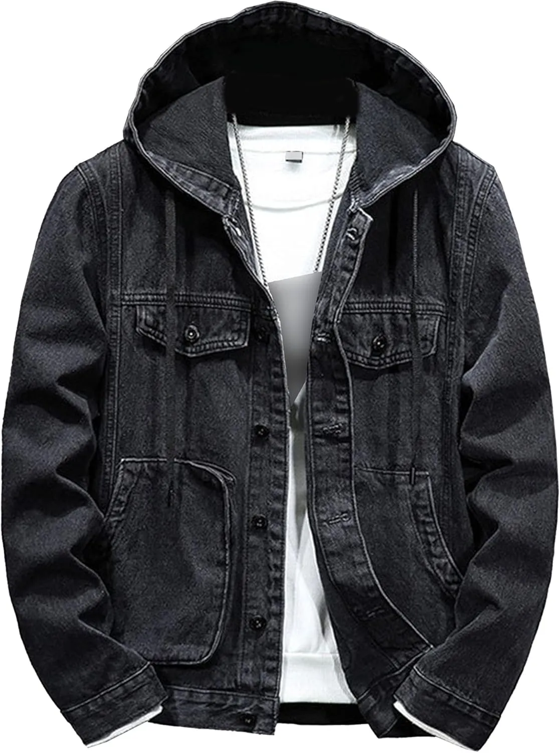JEKE-DG Men's Distressed Denim Hoodie Jacket Casual Slim Fit Button Down Jeans Coat Long Sleeve Trucker Outwear