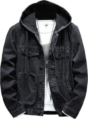 JEKE-DG Men's Distressed Denim Hoodie Jacket Casual Slim Fit Button Down Jeans Coat Long Sleeve Trucker Outwear