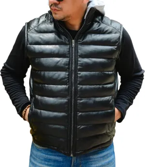 Jild Lambskin Leather Puffer Vest with Removable Hood - Stand Collar Casual Style Sleeveless Leather Jacket Men