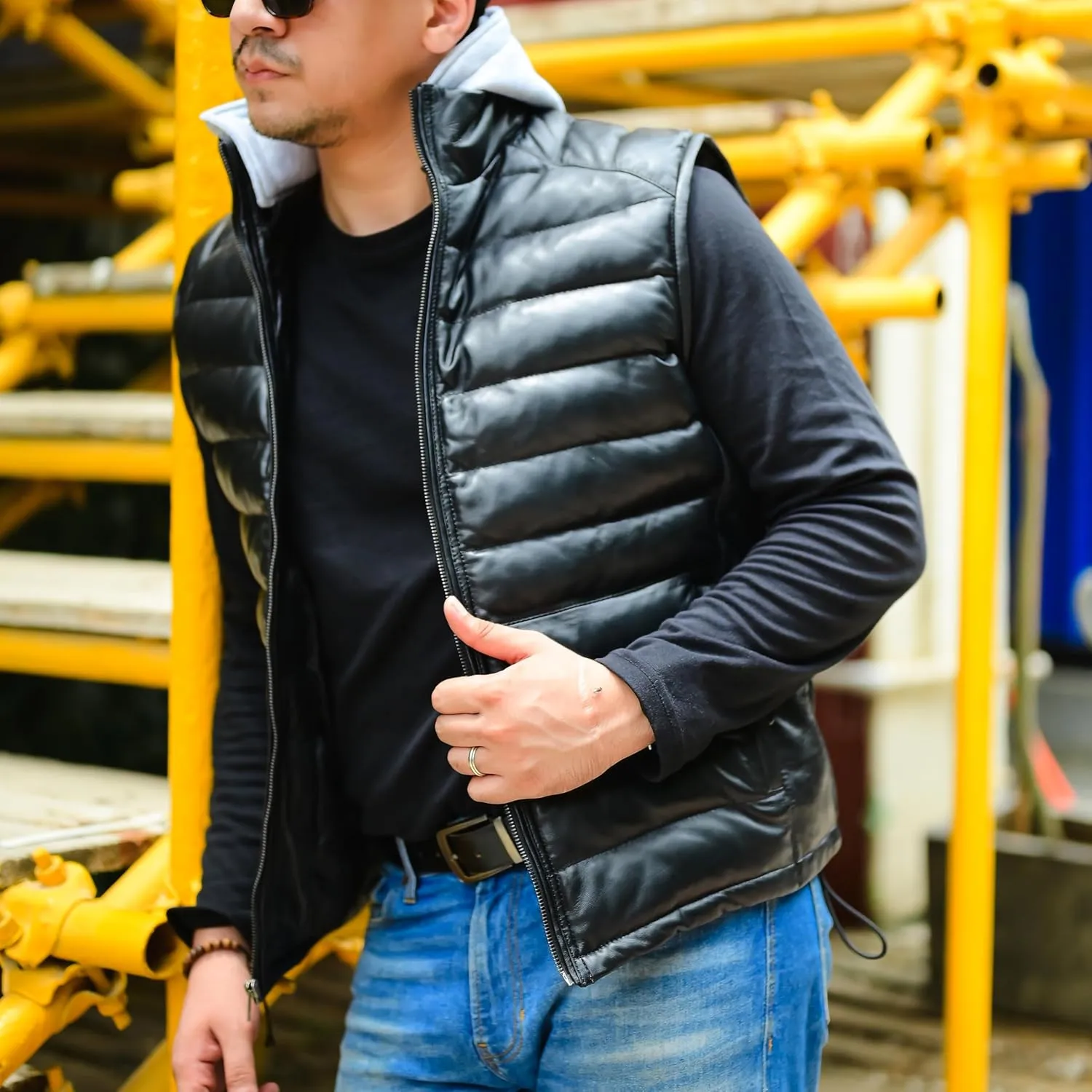 Jild Lambskin Leather Puffer Vest with Removable Hood - Stand Collar Casual Style Sleeveless Leather Jacket Men