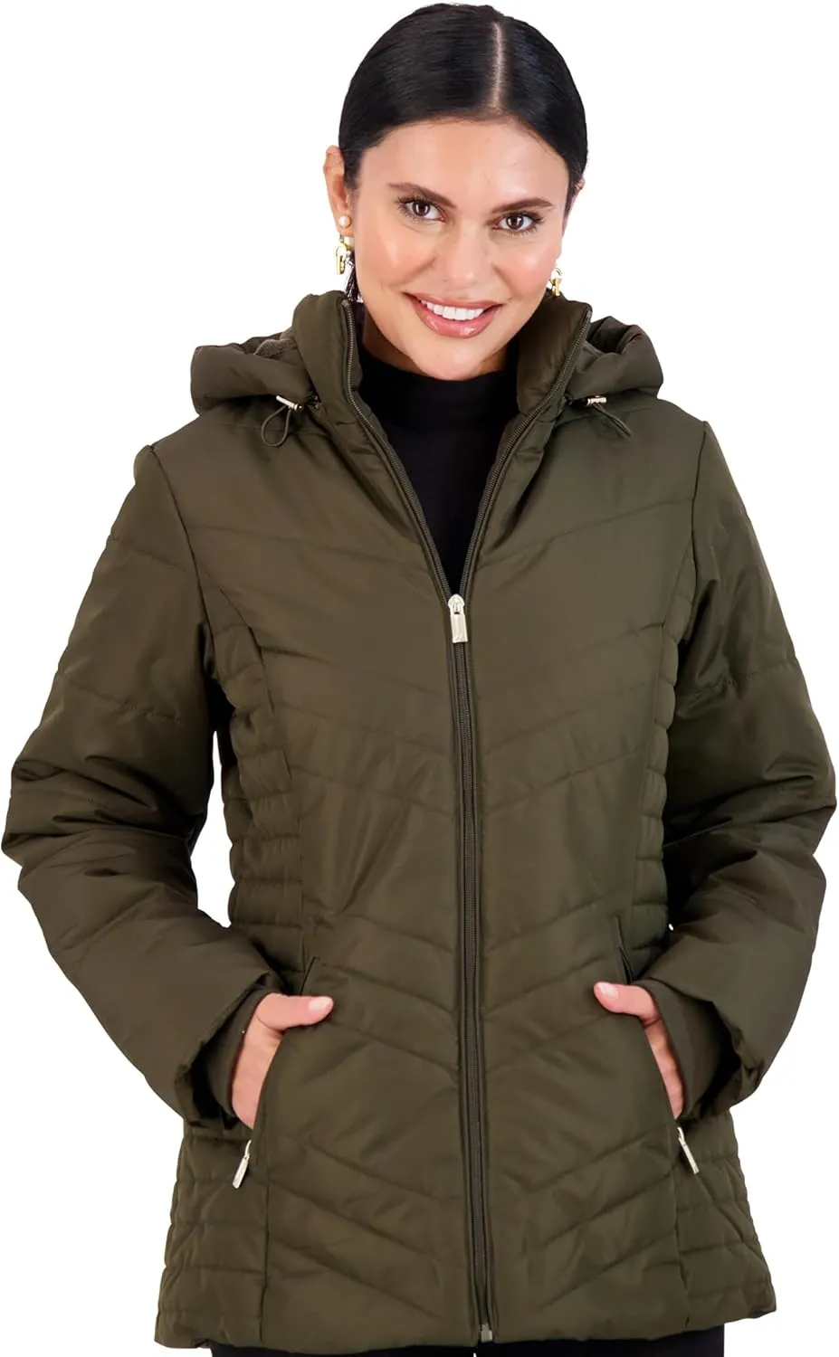 Jones NY Women's Puffer Jacket Zippered Removable Bungee Hood Womens Winter Coat