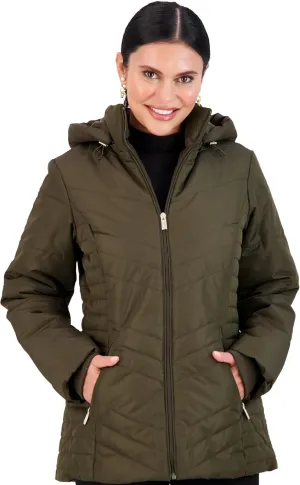 Jones NY Women's Puffer Jacket Zippered Removable Bungee Hood Womens Winter Coat