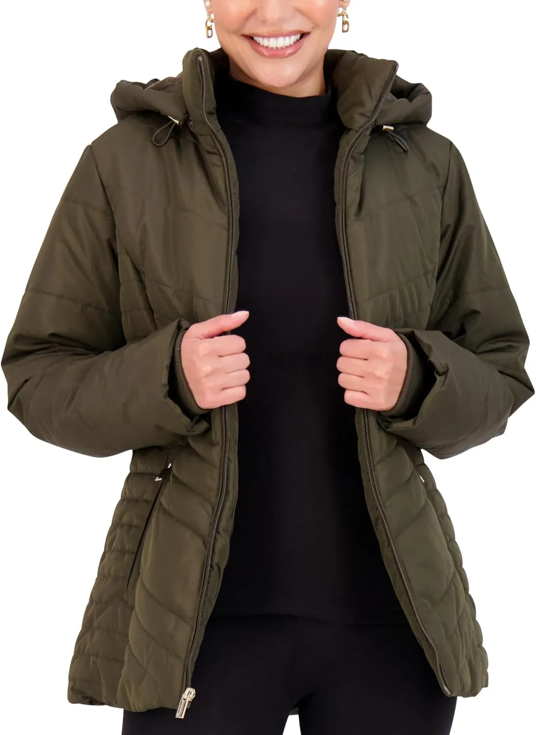 Jones NY Women's Puffer Jacket Zippered Removable Bungee Hood Womens Winter Coat