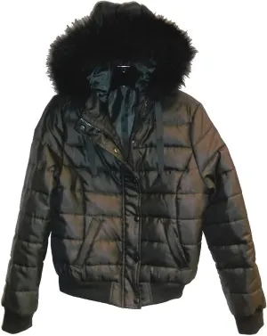 JOUJOU Womens Faux Fur Lined Hooded Puffer Down Jacket, Black, Medium