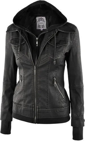 JOUJOU Women's Vegan Leather Jacket with Faux Fur Lining & Removable Fleece Inner Hoodie, Grey, Medium