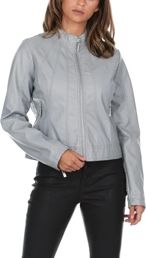 JOUJOU Womens Vegan Leather Moto Jacket with Front Pockets and Zipper Cuffs, Gray, Large