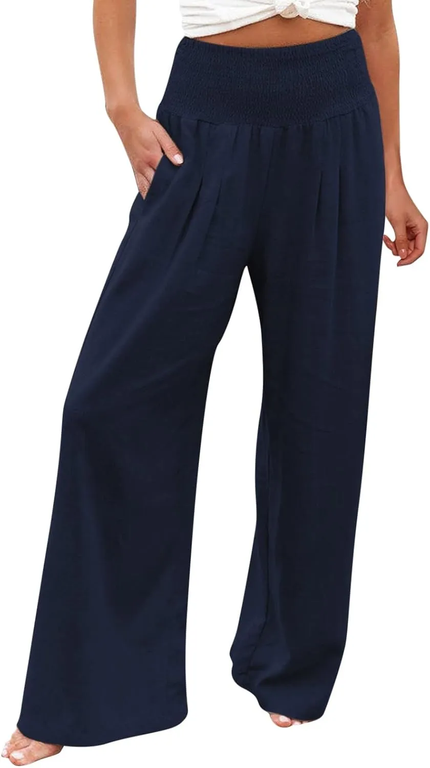 JOYO Womens Cotton Comfortable Straight Trousers High Waist Casual Wide Leg Long Palazzo Pant Work Casual Flowy Dress Pants