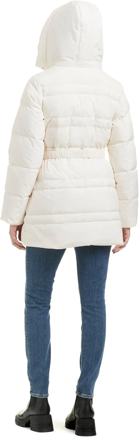 kate spade new york Women's Belted Short Down Puffer Jacket with Removable Faux Fur Trim