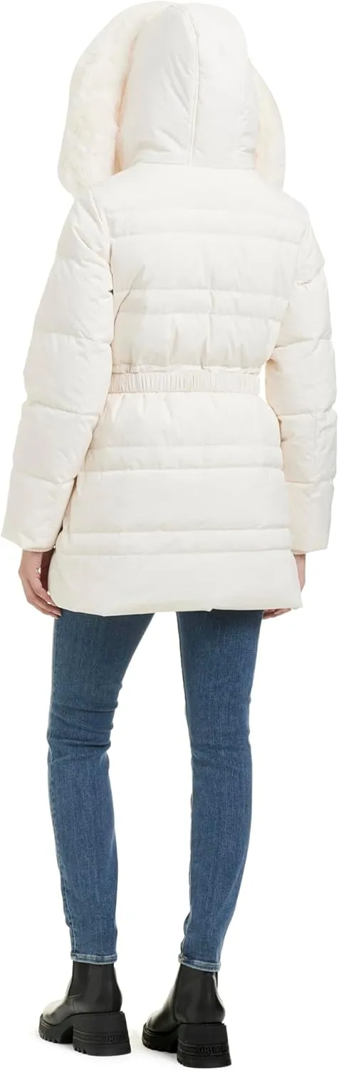 kate spade new york Women's Belted Short Down Puffer Jacket with Removable Faux Fur Trim