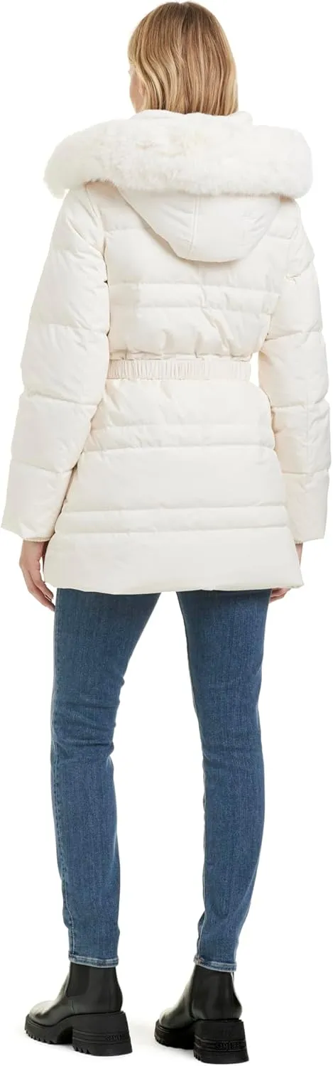 kate spade new york Women's Belted Short Down Puffer Jacket with Removable Faux Fur Trim