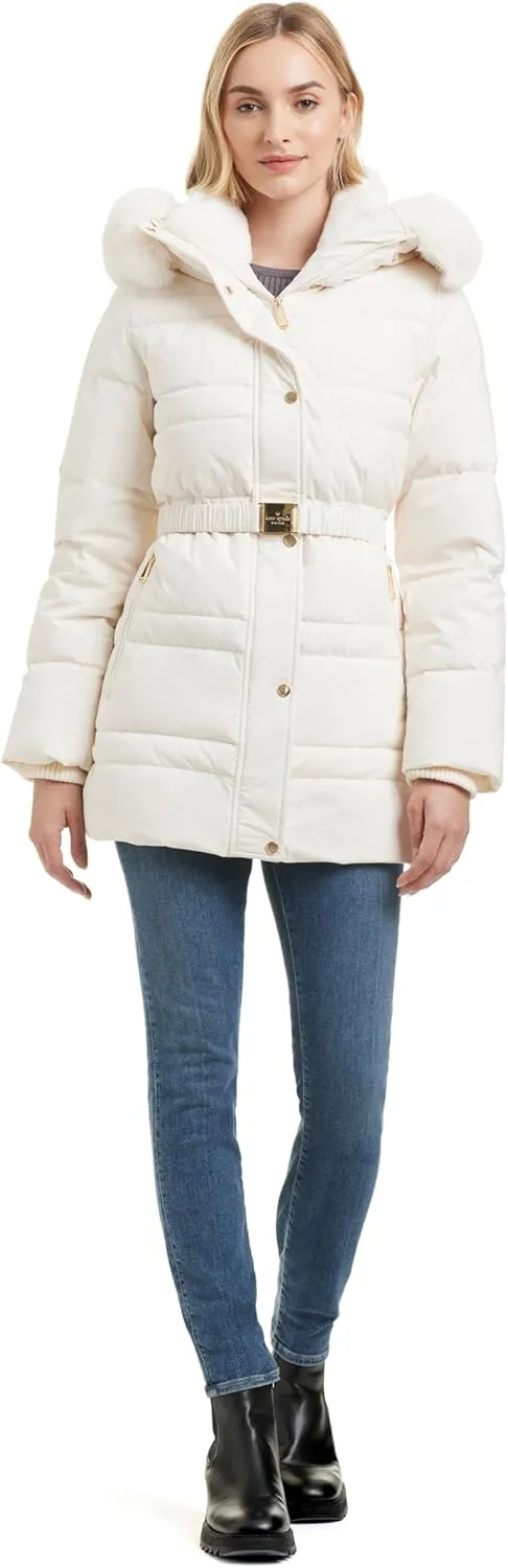 kate spade new york Women's Belted Short Down Puffer Jacket with Removable Faux Fur Trim