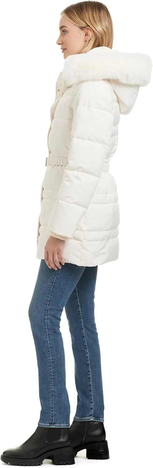 kate spade new york Women's Belted Short Down Puffer Jacket with Removable Faux Fur Trim