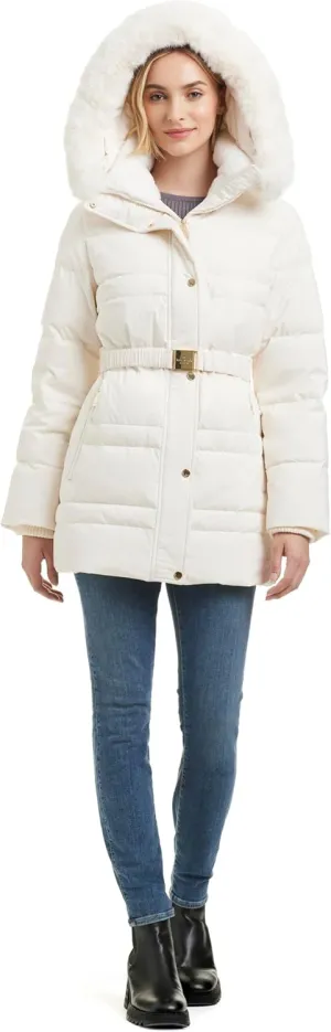 kate spade new york Women's Belted Short Down Puffer Jacket with Removable Faux Fur Trim