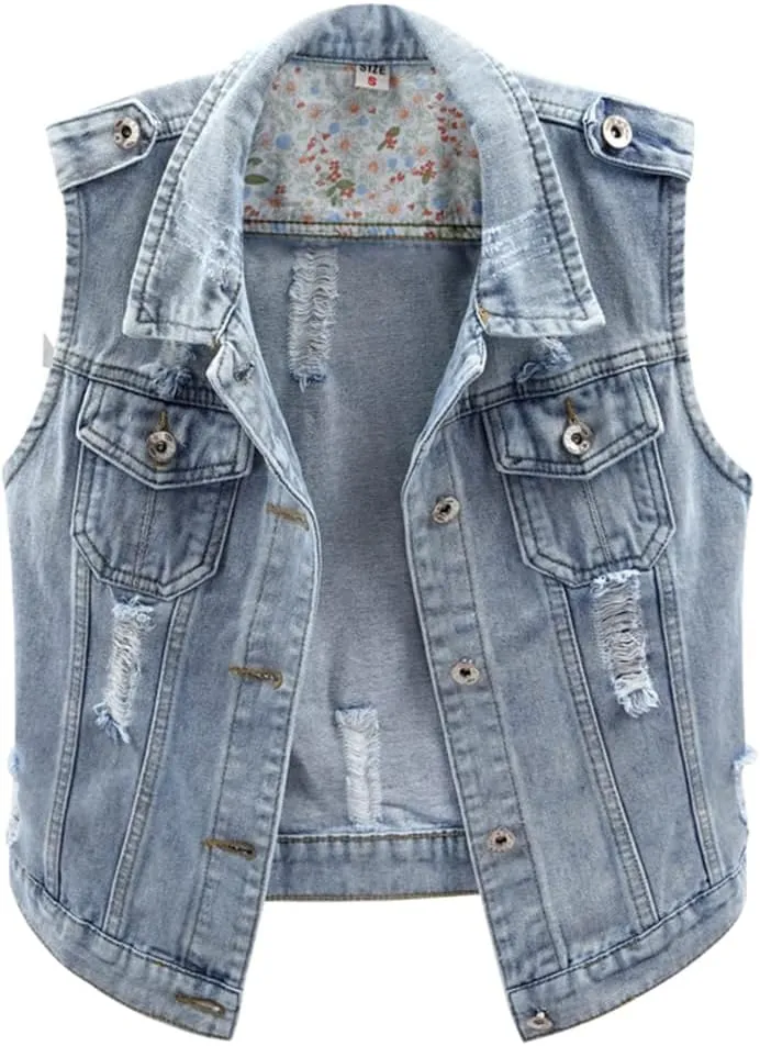 Kedera Womens Denim Jean Vest Classic Junior Button Up Cropped Distressed Sleeveless Jean Jacket