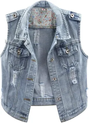 Kedera Womens Denim Jean Vest Classic Junior Button Up Cropped Distressed Sleeveless Jean Jacket