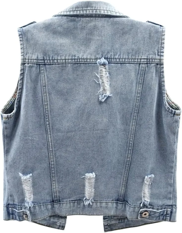 Kedera Womens Denim Jean Vest Classic Junior Button Up Cropped Distressed Sleeveless Jean Jacket