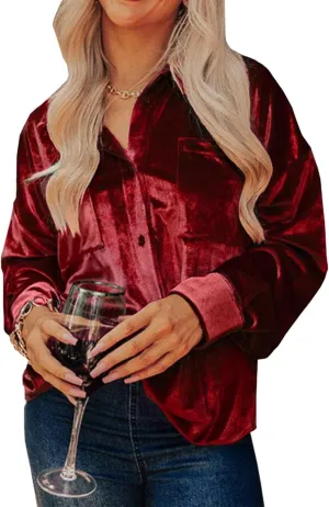 Kedera Womens Velvet Long Sleeve Button Down Shirt Jacket Retro Blouse Lapel Tunic Tops