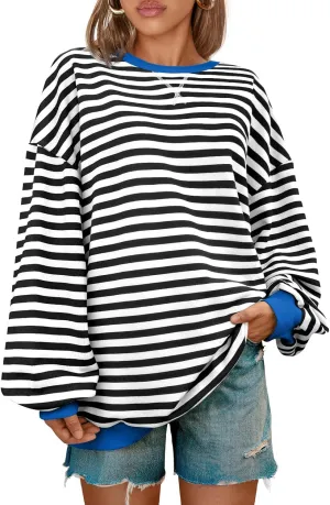 Kissfix Women's Striped Oversized Sweatshirt Long Sleeve Shirts for Women Crewneck Hoodies Casual Pullover Top Y2K Tops