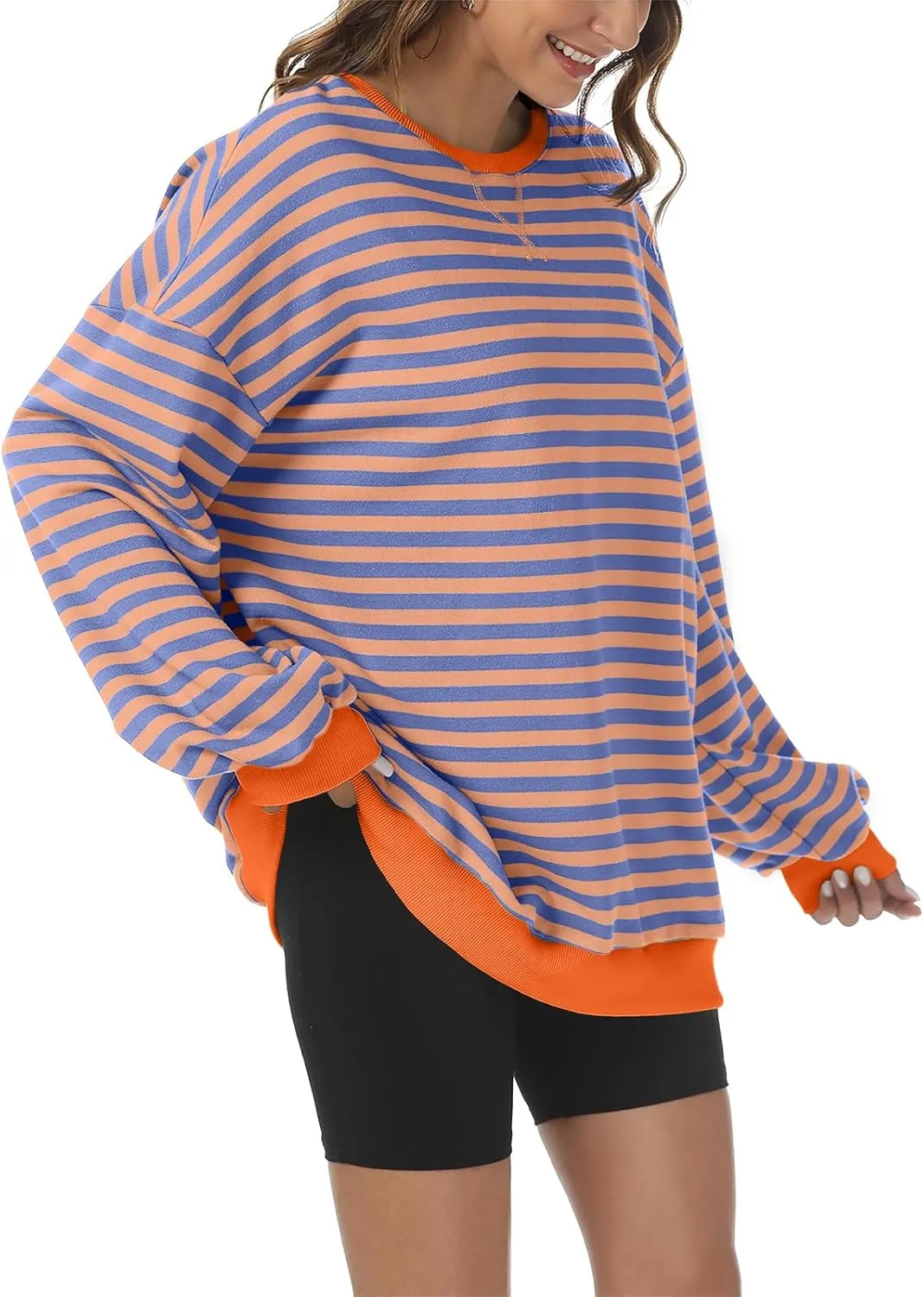 Kissfix Women's Striped Oversized Sweatshirt Long Sleeve Shirts for Women Crewneck Hoodies Casual Pullover Top Y2K Tops