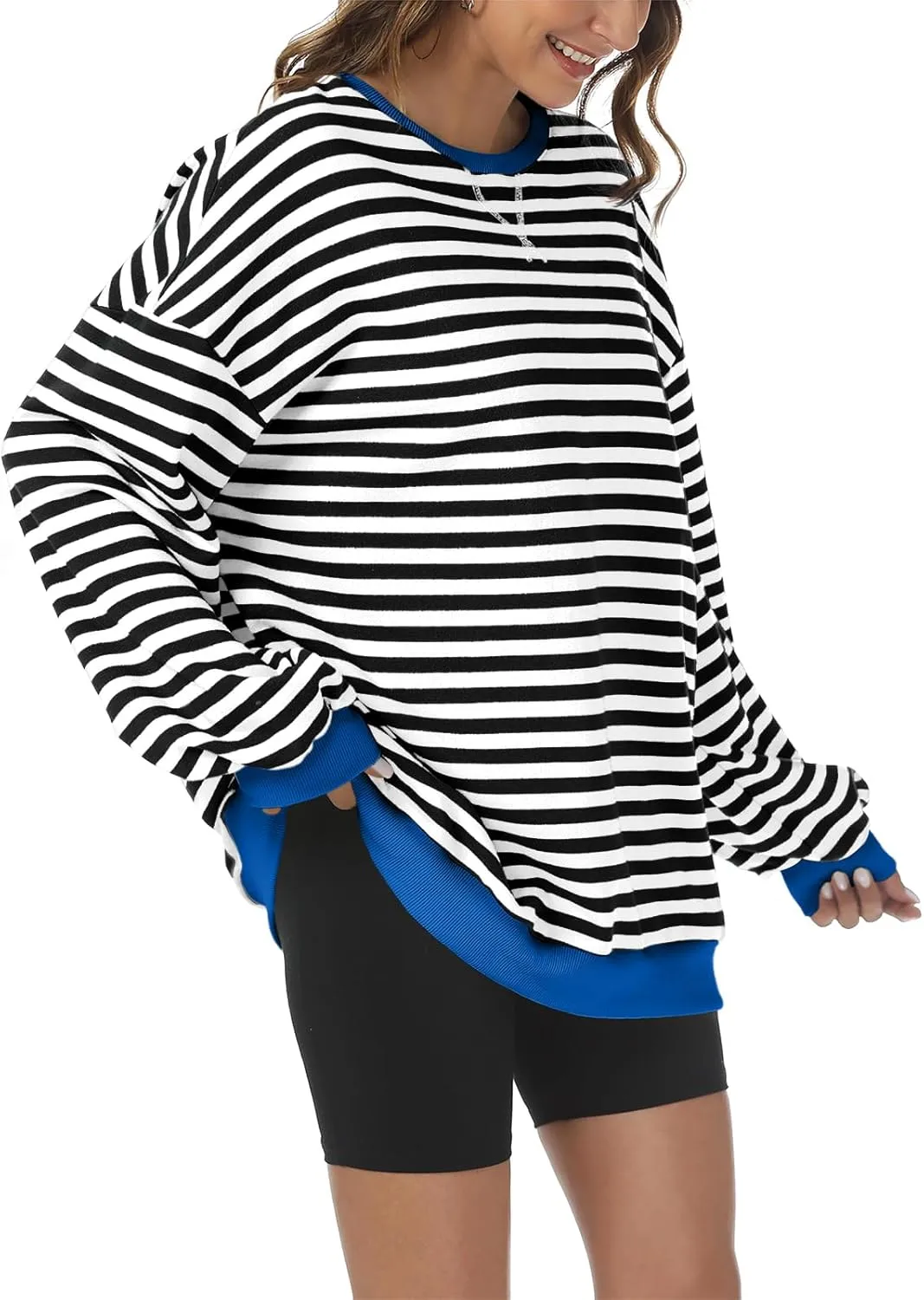 Kissfix Women's Striped Oversized Sweatshirt Long Sleeve Shirts for Women Crewneck Hoodies Casual Pullover Top Y2K Tops