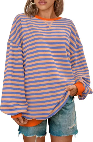 Kissfix Women's Striped Oversized Sweatshirt Long Sleeve Shirts for Women Crewneck Hoodies Casual Pullover Top Y2K Tops