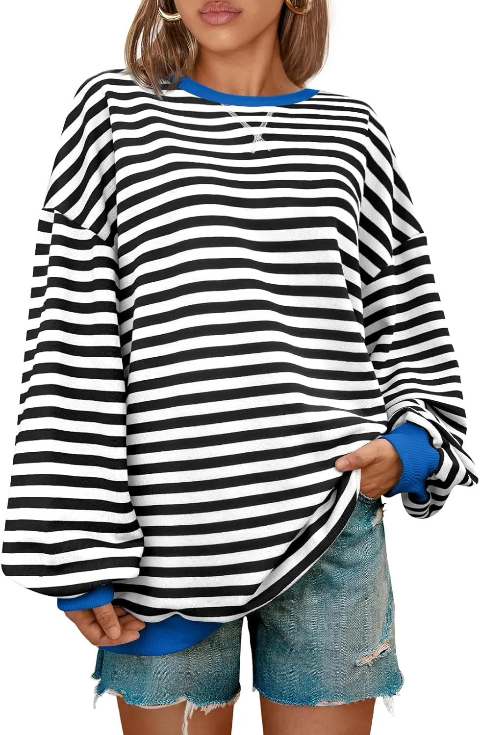 Kissfix Women's Striped Oversized Sweatshirt Long Sleeve Shirts for Women Crewneck Hoodies Casual Pullover Top Y2K Tops
