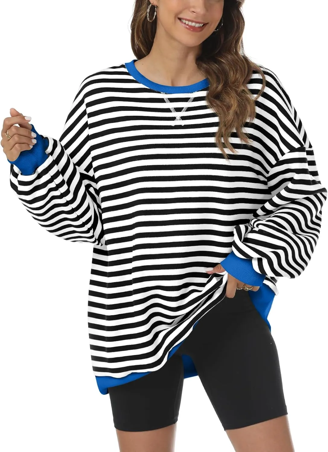 Kissfix Women's Striped Oversized Sweatshirt Long Sleeve Shirts for Women Crewneck Hoodies Casual Pullover Top Y2K Tops