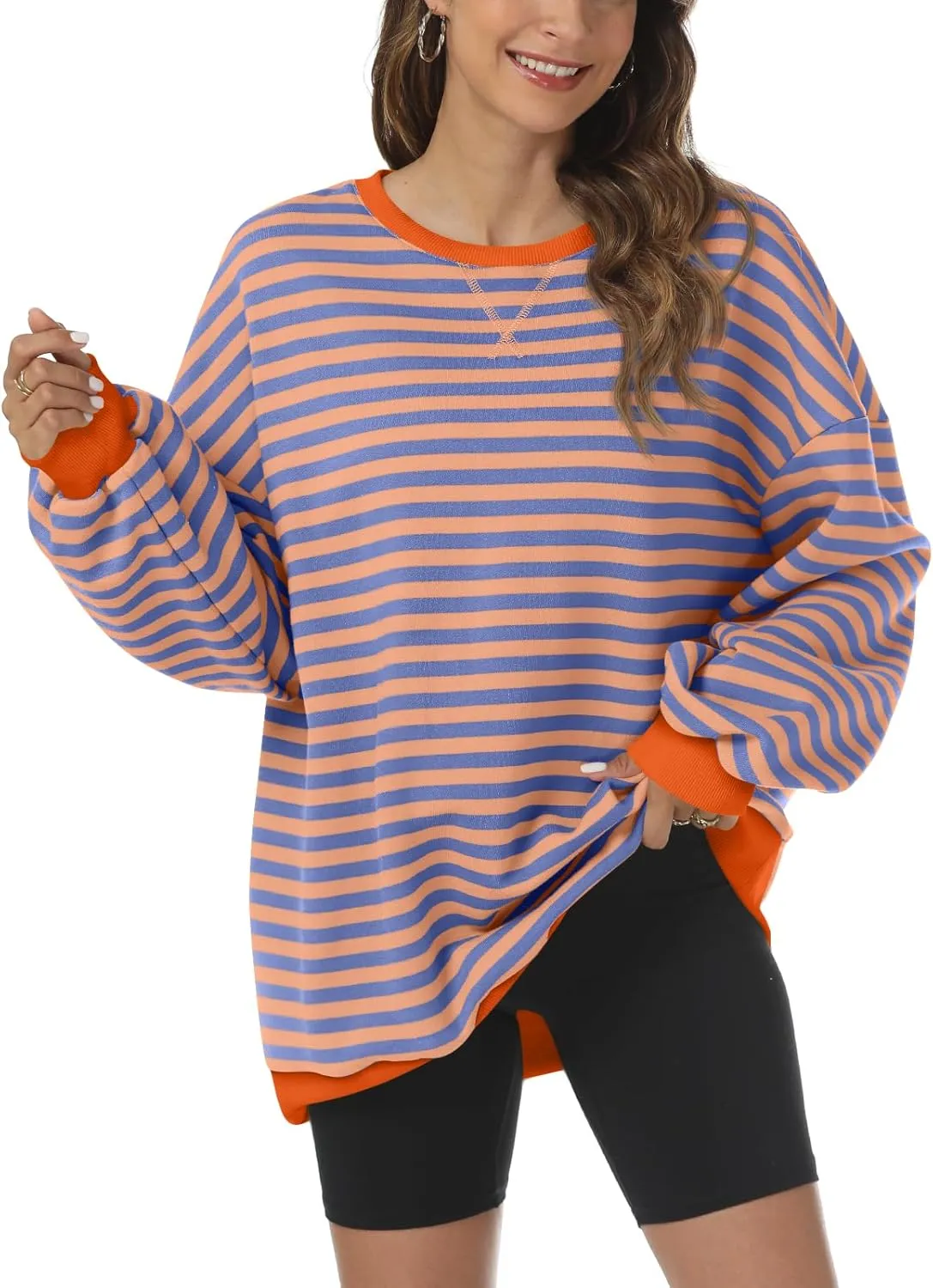 Kissfix Women's Striped Oversized Sweatshirt Long Sleeve Shirts for Women Crewneck Hoodies Casual Pullover Top Y2K Tops