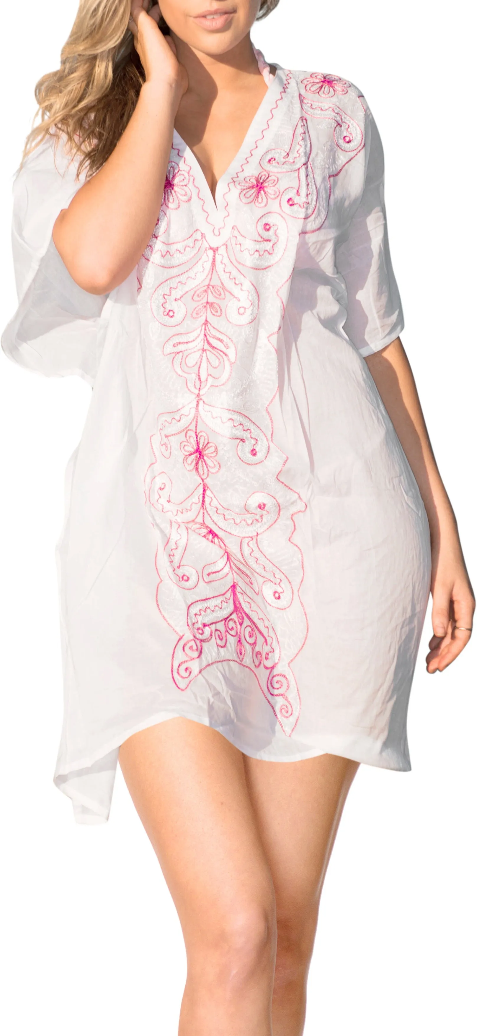 LA LEELA Bikini Swim Beach wear Swimsuit Cover ups Women Caftan Dress Solid OSFM 8-14 [M- L] Ghost White_N584