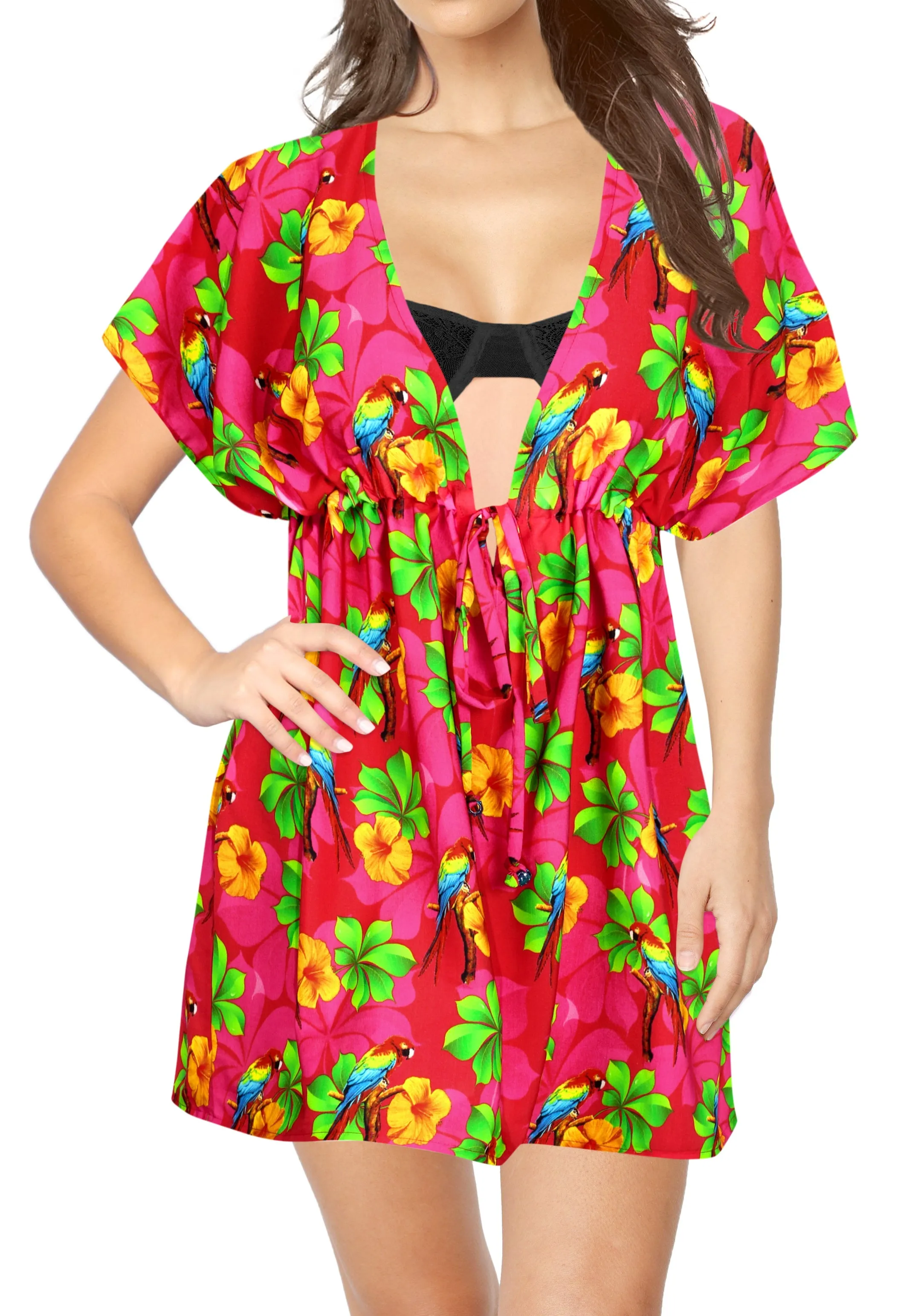 LA LEELA Bikni Swimwear Digital HD Print Tunic Vintage Cover Up Pink_B15
