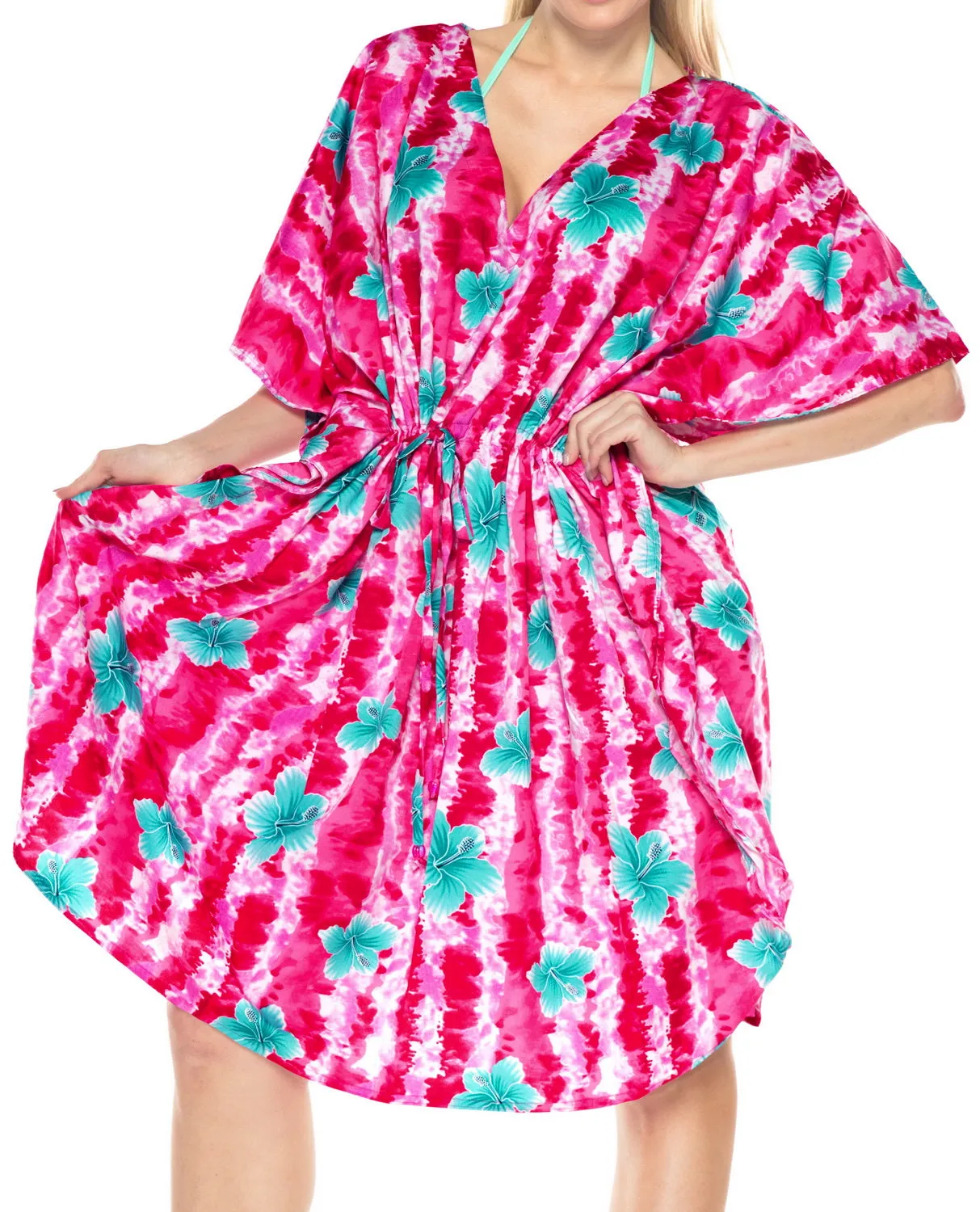 LA LEELA Bikni Swimwear Soft fabric Printed Beachwear Loose Cover Up OSFM 16-28W [XL- 4X] Pink_I546