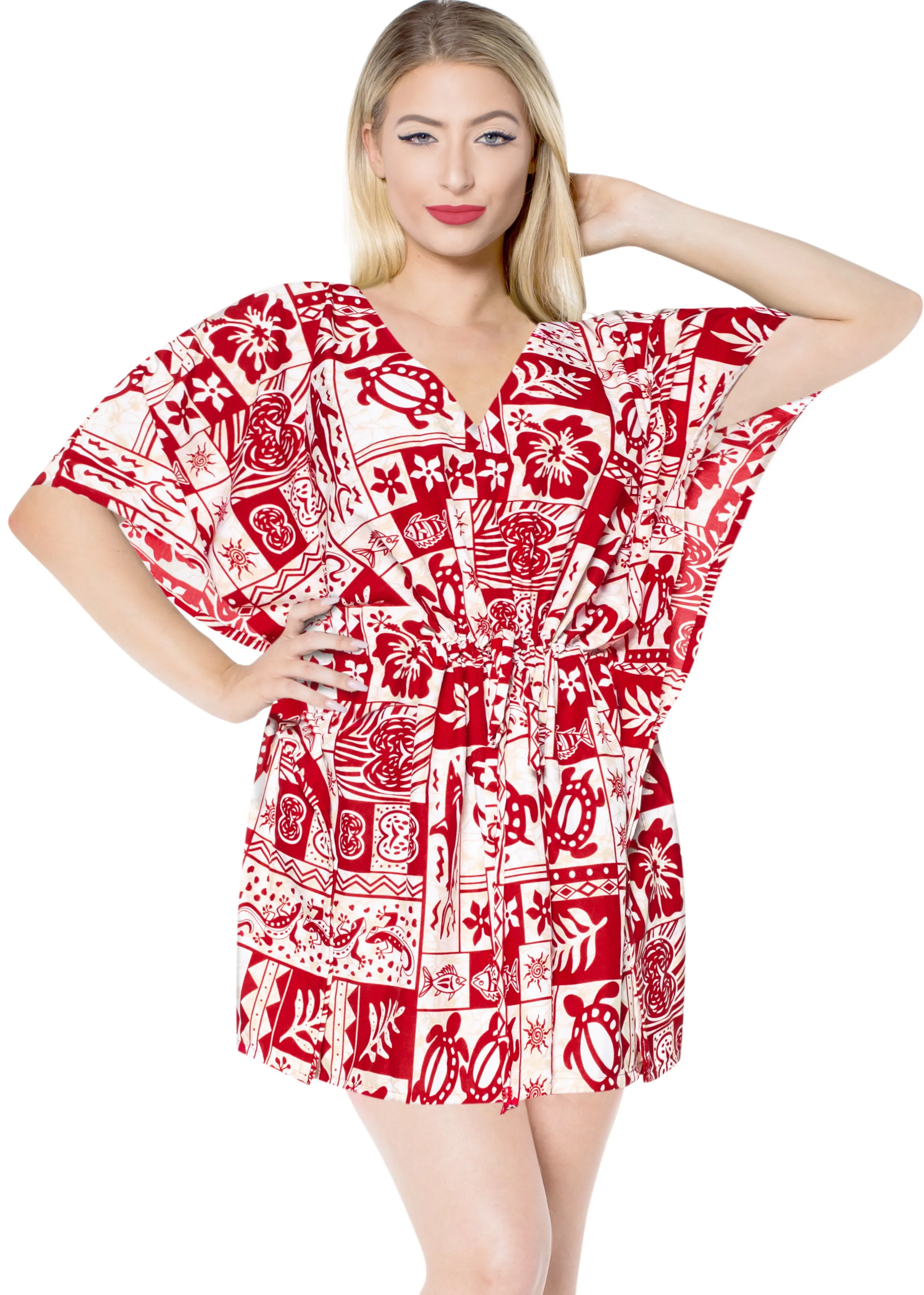 LA LEELA Bikni Swimwear Soft fabric Printed Beachwear Loose Cover Up Red White