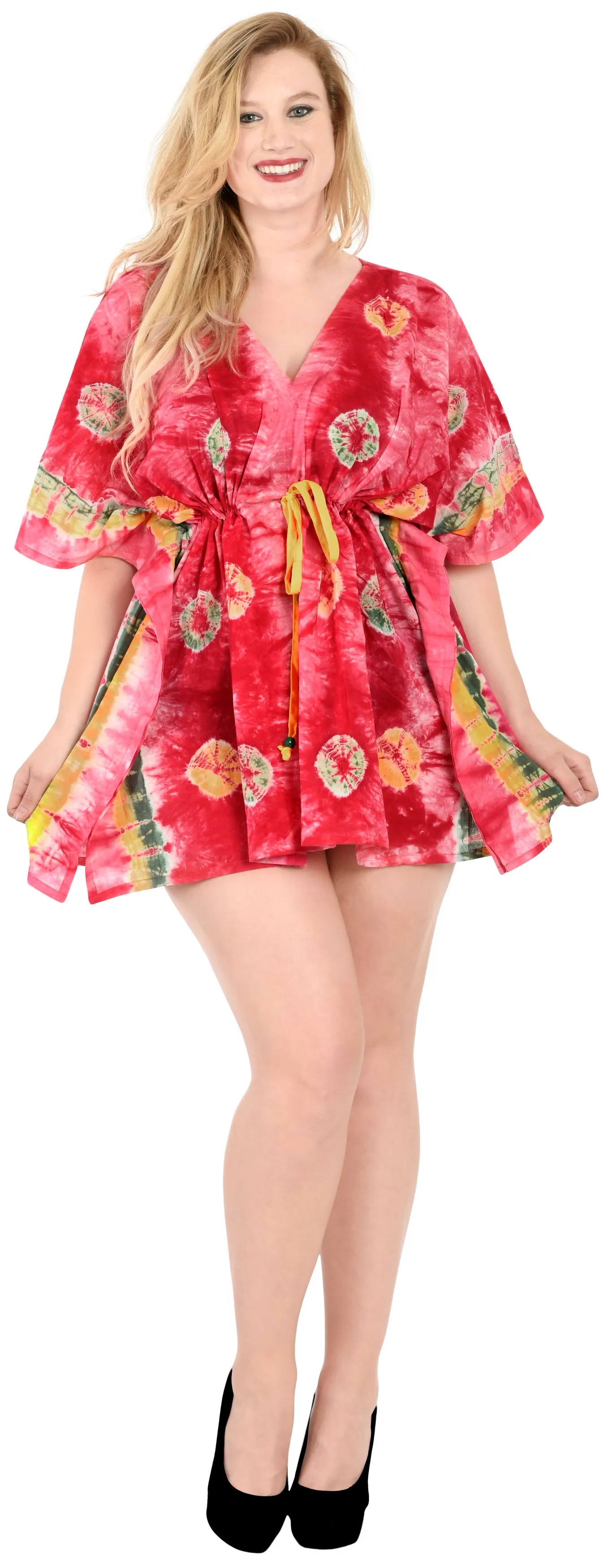 LA LEELA Cotton Tie_Dye Short Caftan Vacation Dress Blood Red_D115