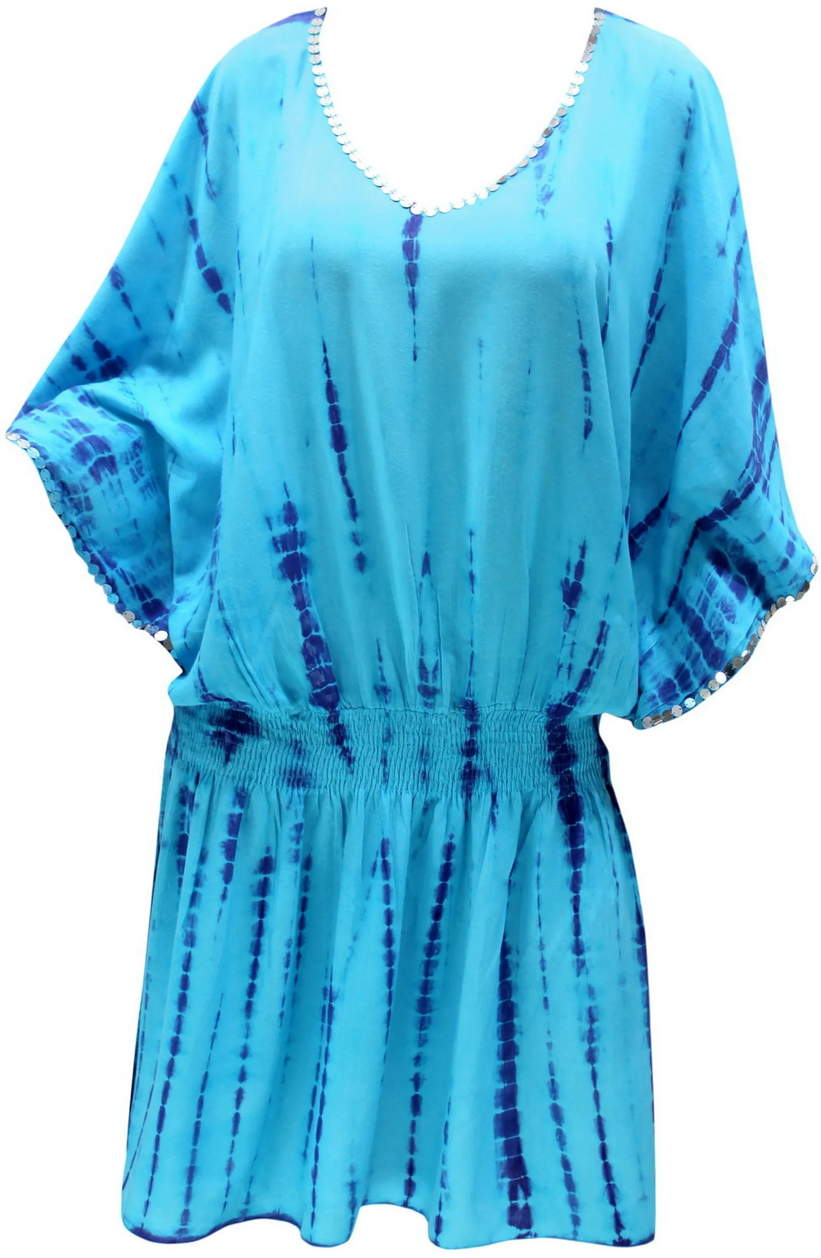 LA LEELA Cotton Tie_Dye Short Caftan Vacation Dress Blue_C98