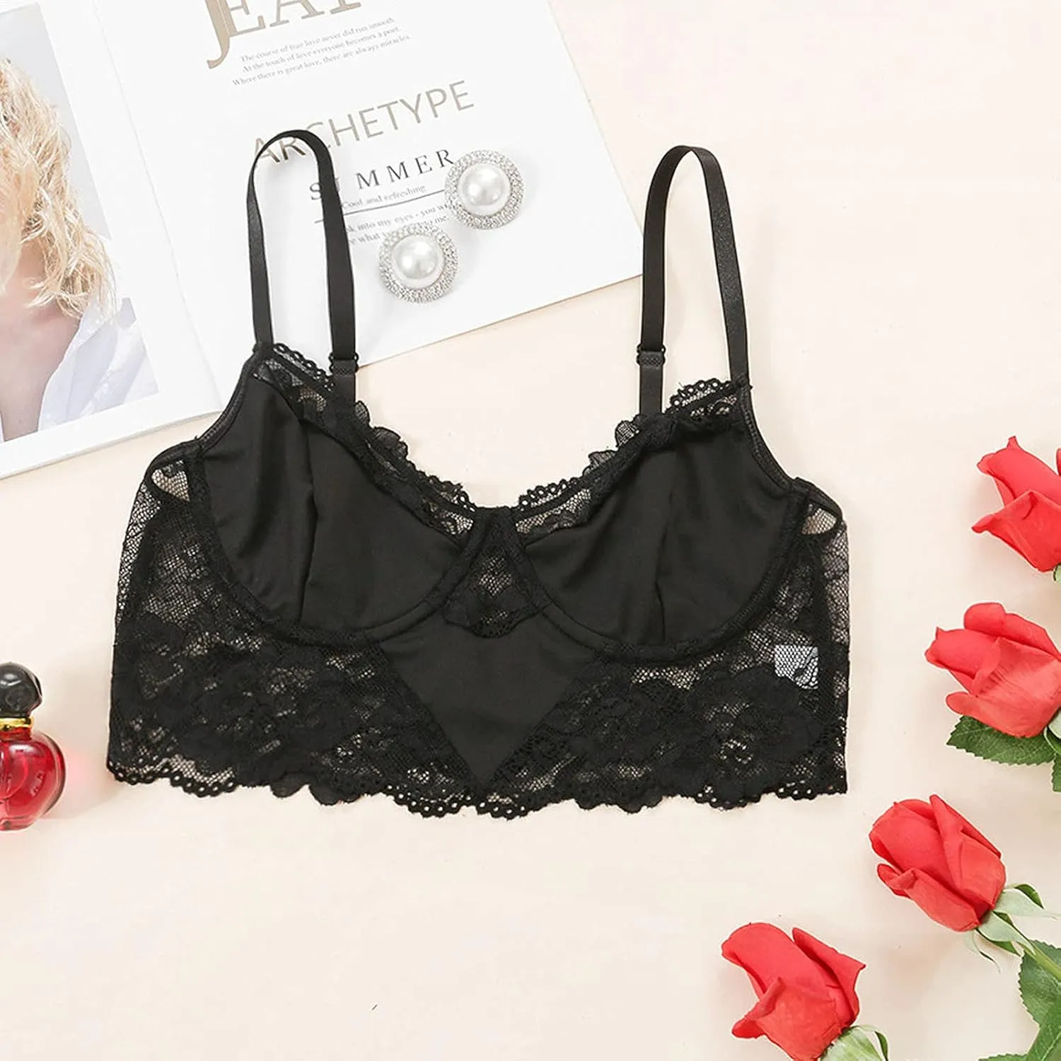 Lace Bralettes for Women, Deep V Plunge Bra Comfortable Convertible Strap Wire Free Criss Cross Back Bralette Crop Top