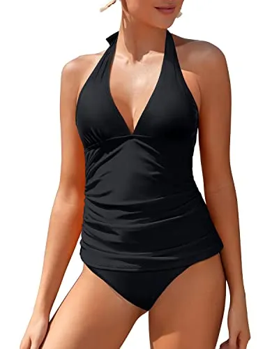 Ladies Open Back And Halter Tankini Swimsuit-Black
