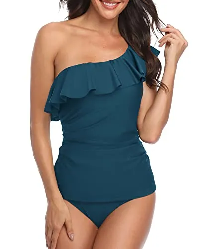 Ladies Sexy Asymmetric One Shoulder Bathing Suits-Teal
