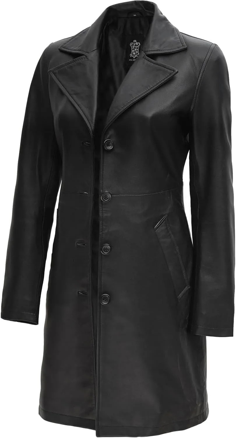Lambskin Leather 3/4 Coat - A Fusion of Timeless Style & Modern Sophistication for Women | [1514275] Bryson Black, XL