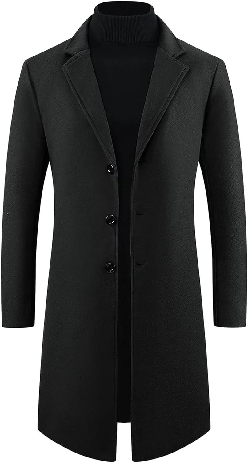 Lars Amadeus Winter Trench Coat for Men's Single Breasted Notch Lapel with Pockets Formal Overcoat