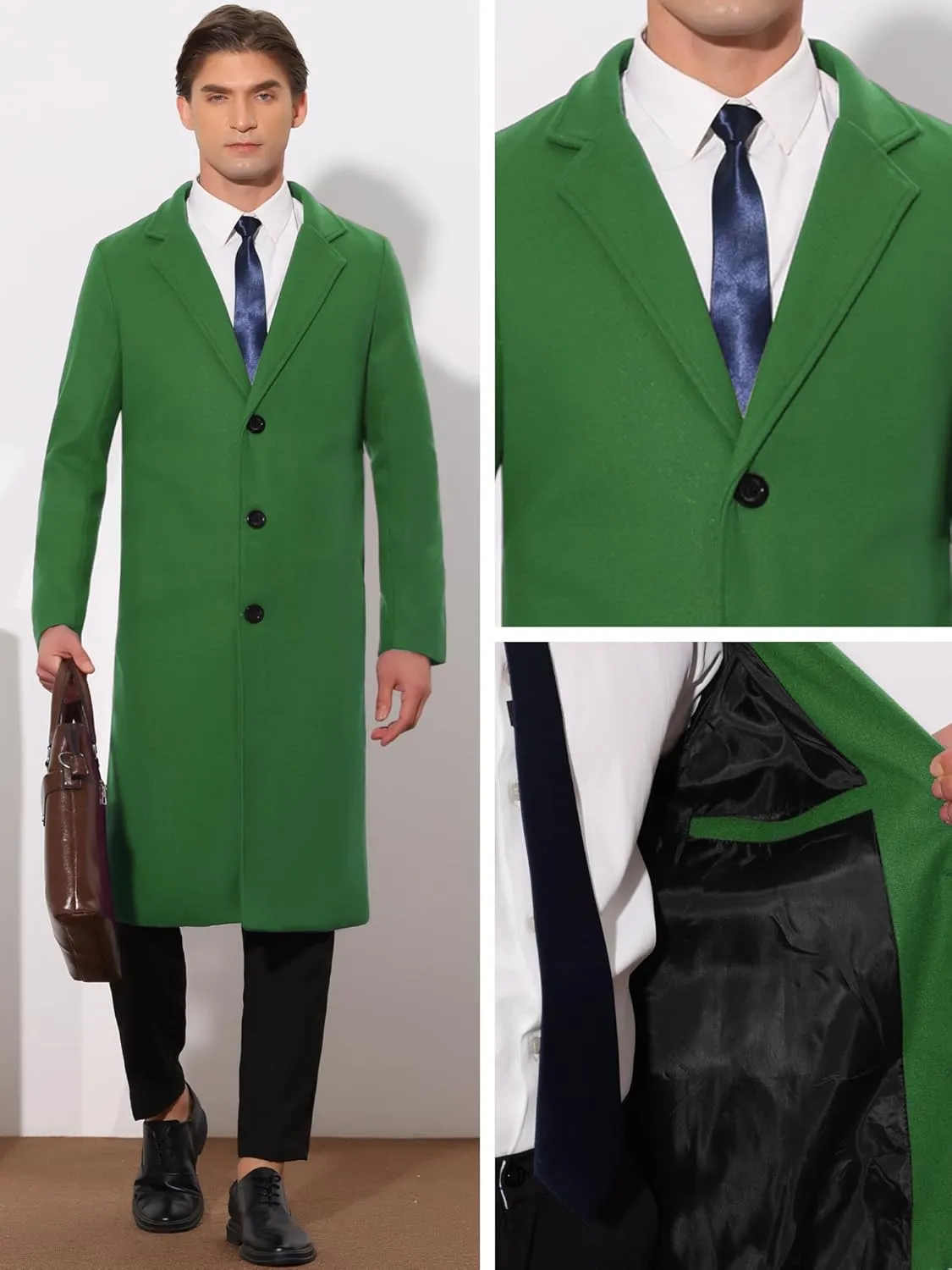 Lars Amadeus Winter Trench Coat for Men's Single Breasted Notch Lapel with Pockets Formal Overcoat