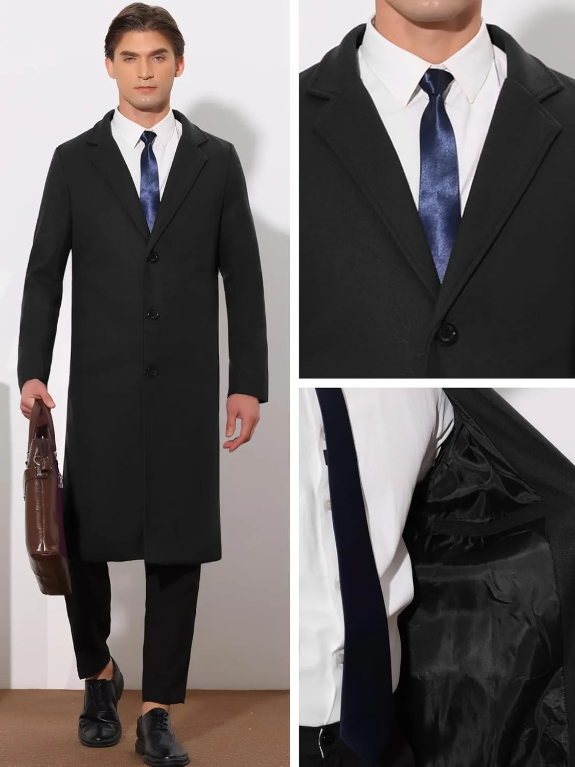 Lars Amadeus Winter Trench Coat for Men's Single Breasted Notch Lapel with Pockets Formal Overcoat