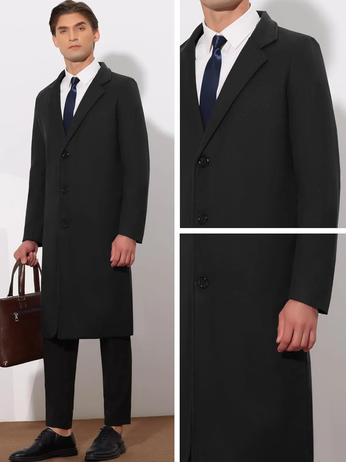 Lars Amadeus Winter Trench Coat for Men's Single Breasted Notch Lapel with Pockets Formal Overcoat
