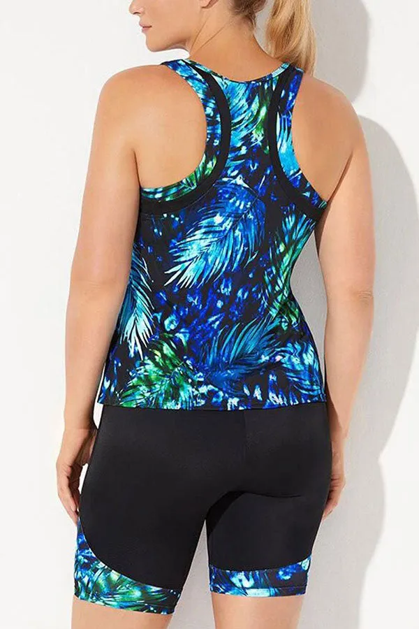 Leaf Print Sporty Round Neck Tankini With Bike Short