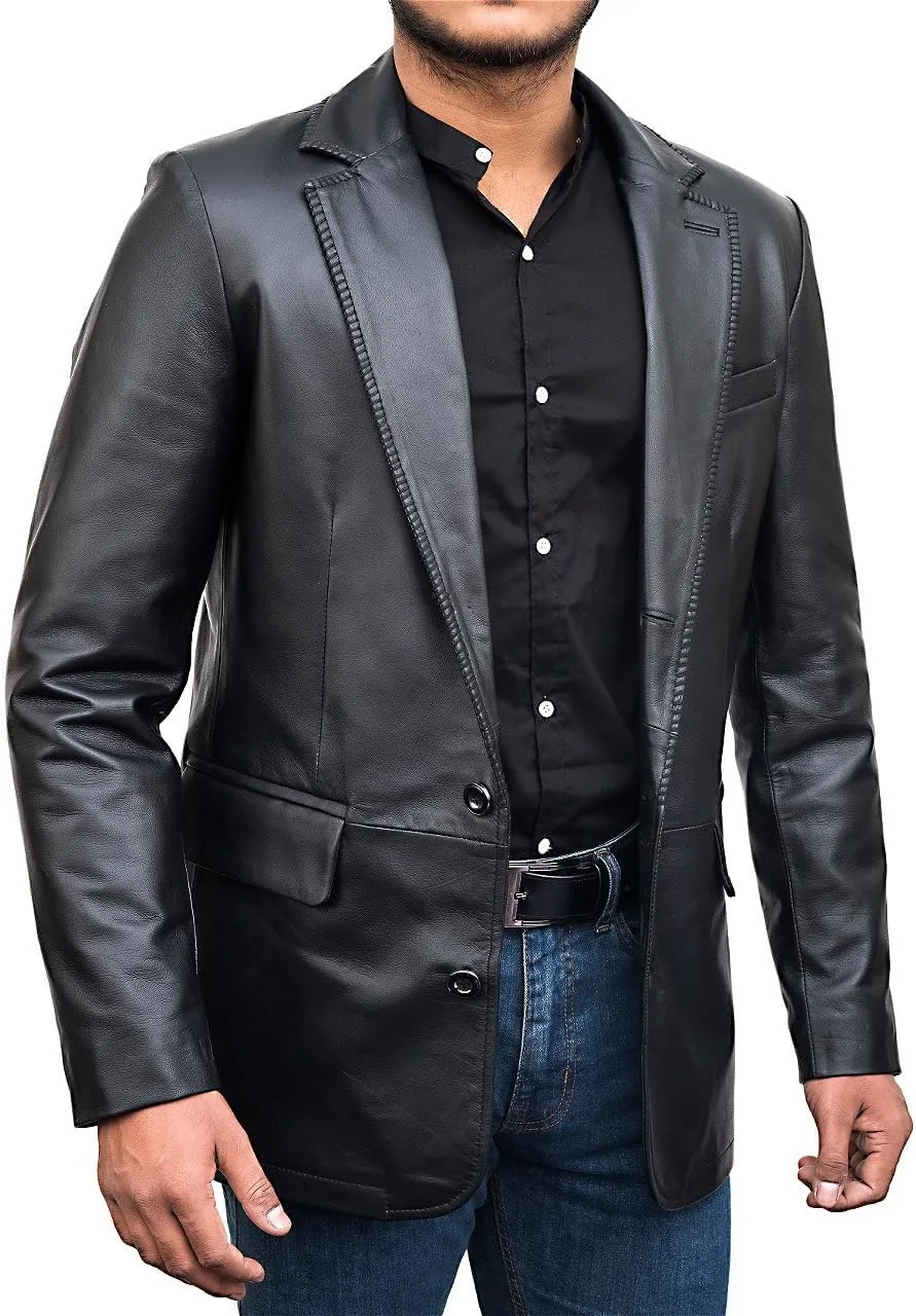 Leather Blazer for Men - Black Real Lambskin Casual Men's Leather Jacket Coats