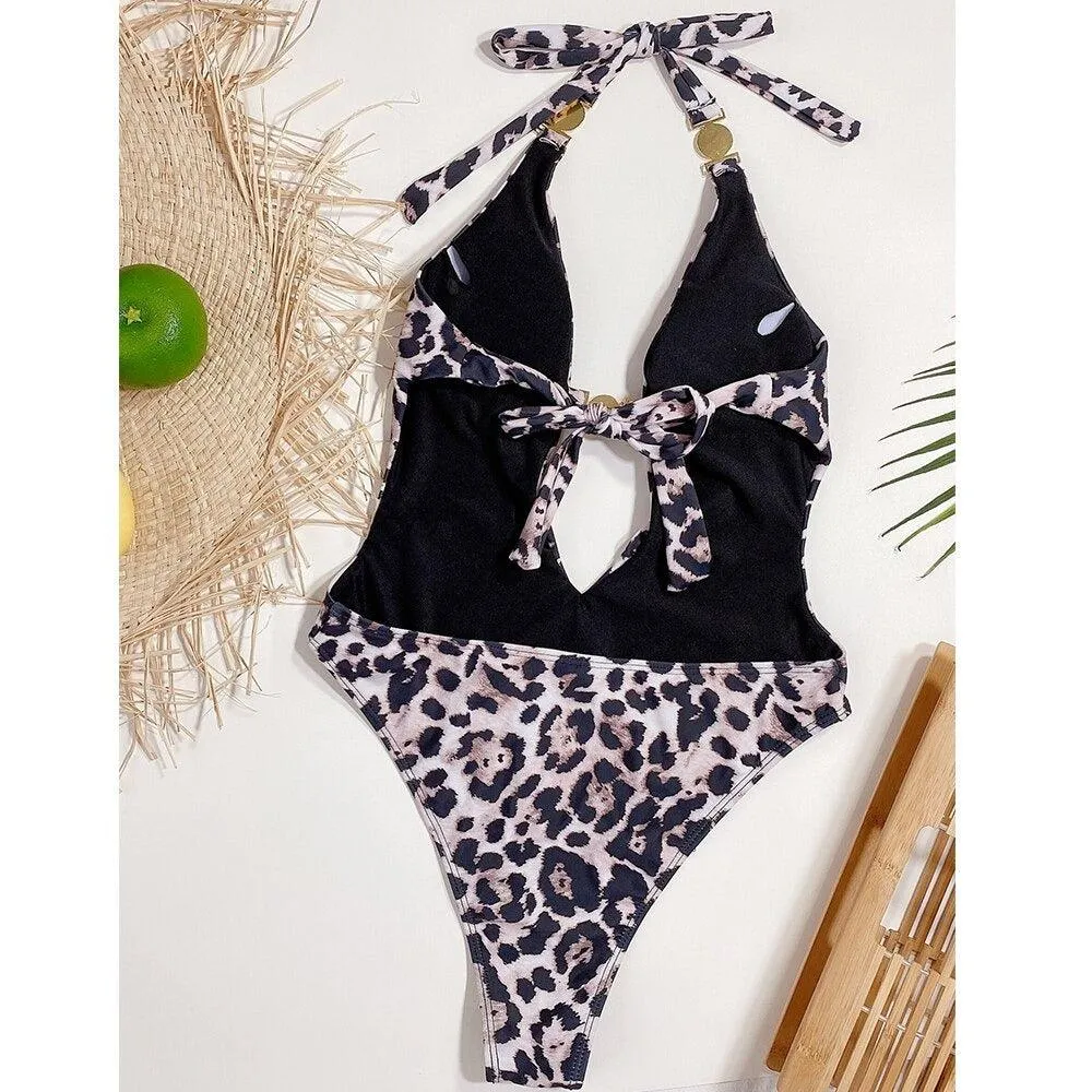 Leopard Print Halter Monokini  Bold and Stylish Swimwear
