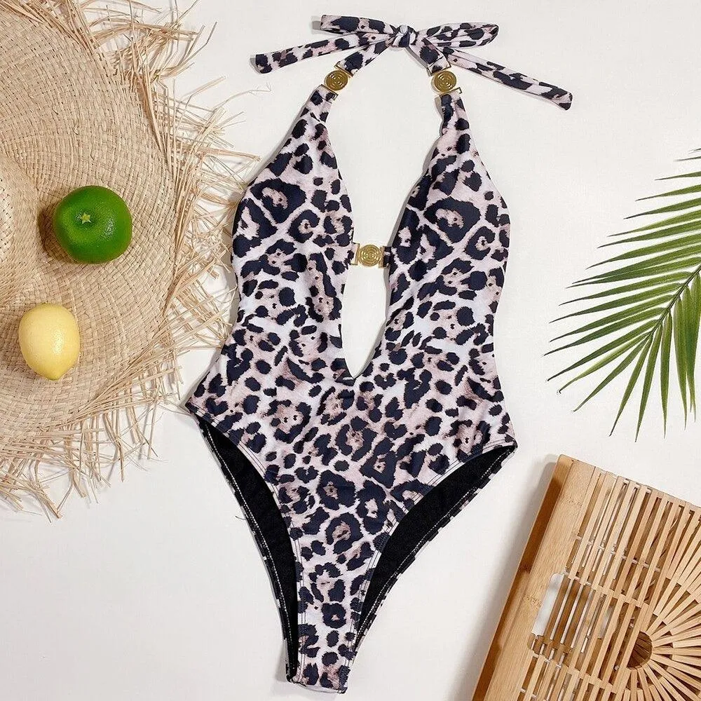 Leopard Print Halter Monokini  Bold and Stylish Swimwear