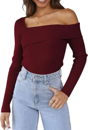 LILLUSORY Womens Off The Shoulder Going Out Sweaters Fall Sexy Cute Trendy Long Sleeve Knit Pullover Clothes Tops 2025