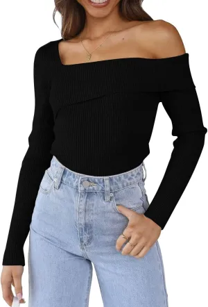 LILLUSORY Womens Off The Shoulder Going Out Sweaters Fall Sexy Cute Trendy Long Sleeve Knit Pullover Clothes Tops 2025